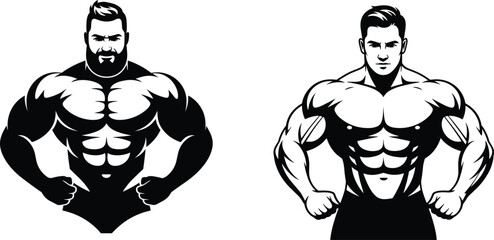 Muscular bodybuilding vector illustration, strong athlete artwork, fitness logo design, gym strength drawing, powerful male physique graphic, sport training poster template