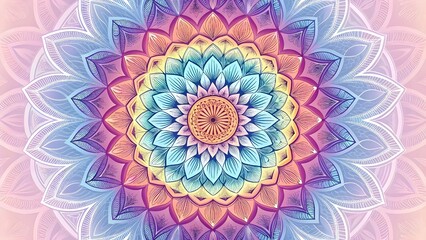 Vibrant rainbow mandala pattern promoting inner peace and spiritual awakening with soft pastel gradients