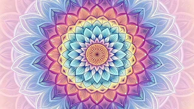 Vibrant rainbow mandala pattern promoting inner peace and spiritual awakening with soft pastel gradients