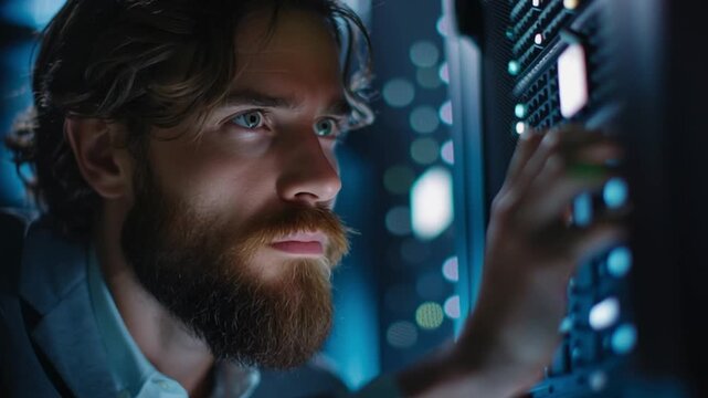 Tech Expert at Work: A focused expert in a data center, meticulously monitoring server hardware, showcasing precision and expertise in a high-tech environment.