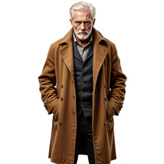 Mysterious figure in brown coat urban cityscape portrait photography evening light close-up intrigue