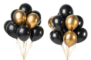 Two bunches of balloons in black and gold colors tied with gold ribbons on a transparent background © Googl