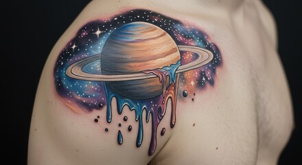 Colorful planet tattoo on shoulder