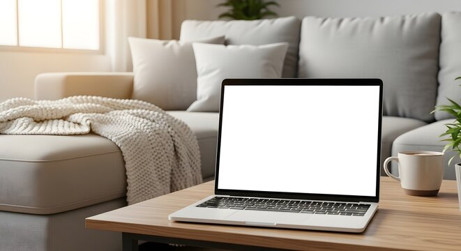 A laptop with a blank white screen on a wooden coffee table, serving as a mockup for a remote work or home office concept in a cozy living room - Powered by Adobe