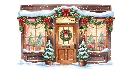Watercolor christmas shop facade with snow, trees, presents, wreath, garland, and red bows decor