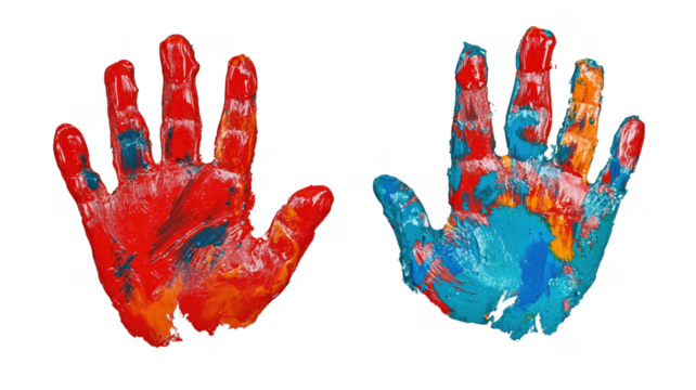Two colorful painted handprints displayed against a background artistic representation