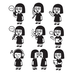 Cartoon Girl Communication Methods - Phone Megaphone Tablet and More.
