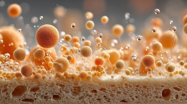 Close-up of microscopic spherical particles connected by filaments, depicting a detailed cellular or molecular structure with varying sizes and intricate textures. - Powered by Adobe