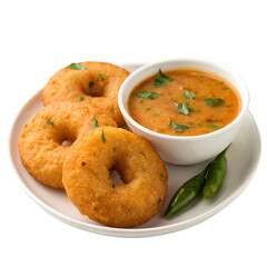 Three golden fried ring shaped vadas with sambar and green chilies indian food fried food