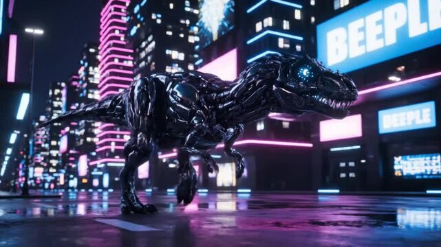 robotic t rex walks futuristic neon city night