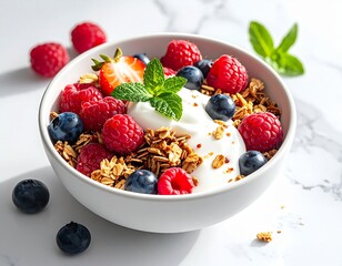 Healthy yogurt bowl topped with fresh berries and crunchy granola