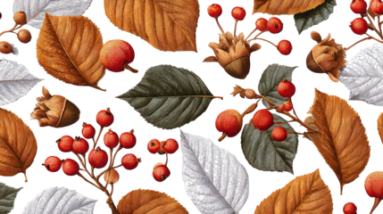 Autumn Leaves and Berries Pattern on Black Background