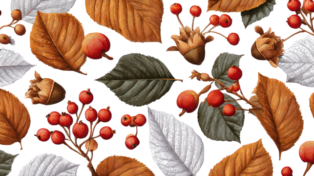 Autumn Leaves and Berries Pattern on Black Background