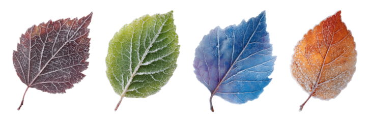 Four beautiful autumn leaves in different colors isolated on transparent background