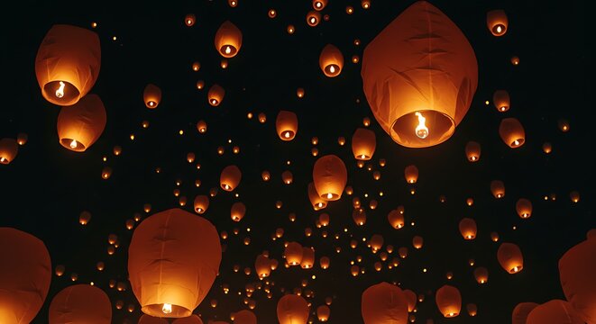 Sky Lanterns Floating in Night Sky Warm Orange Light Festival Celebration
