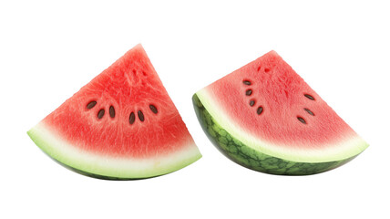 Two freshly cut watermelon slices isolated against a background showing texture and detail