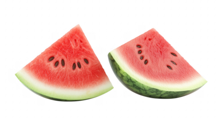 Two freshly cut watermelon slices isolated against a background showing texture and detail