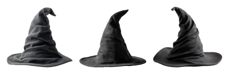 Three black witch hats for Halloween costume and spooky decoration, isolated on transparent background