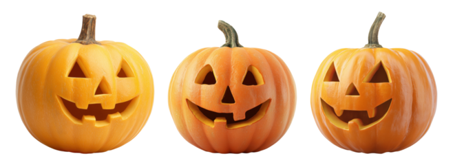 Three carved orange Halloween pumpkins isolated on transparent background
