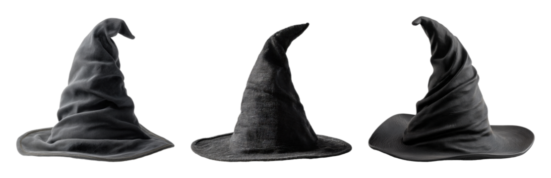 Three black witch hats for Halloween costume and spooky decoration, isolated on transparent background