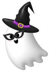 Cute halloween ghost with witch hat. 3d Halloween charater design, illustration.