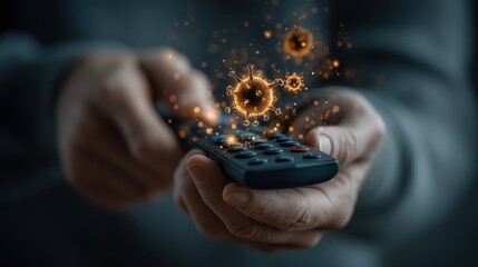 Hands holding a remote control with digital virus particles floating, symbolizing virus spread via surfaces or technology.