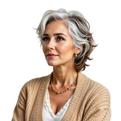 Elegant portrait of a mature woman in cozy knitwear indoor setting lifestyle photography inspirational mood
