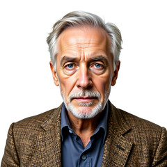 Portrait of a thoughtful elderly man studio photography neutral background close-up emotional reflection