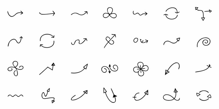 Vector illustration of a collection of various hand drawn style arrows and directional indicators in black and white