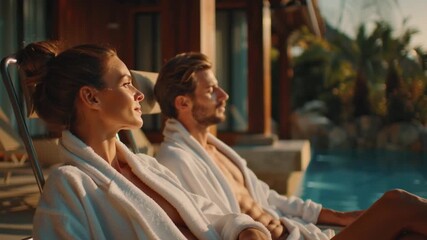 Serene Escape: A couple in plush robes, basking in the golden light of a tranquil poolside setting, epitomizing relaxation and leisure. - Powered by Adobe