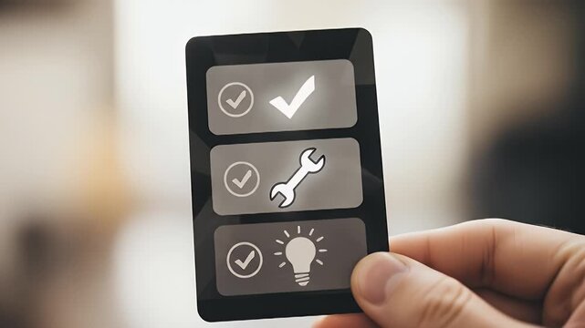 Phone 3-step checklist card with bold icon tiles and a ghosted check ring, palm edge in frame for a friendly finish