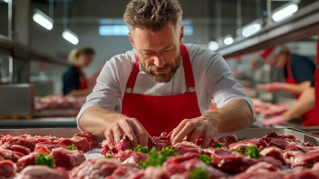 A butcher meticulously arranges fresh cuts of meat in a commercial butchery, ensuring quality and presentation