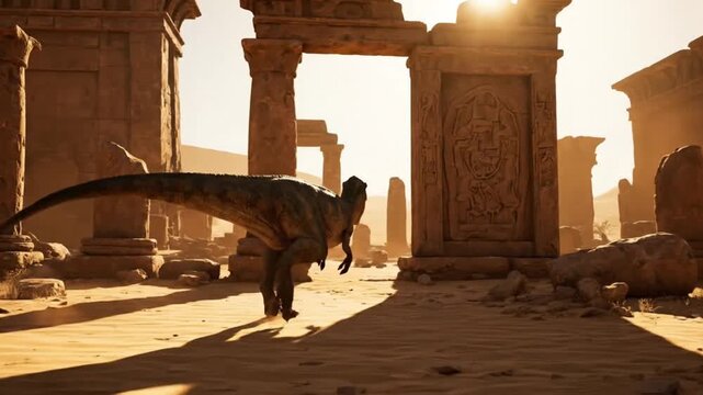 dinosaur walking through ancient desert ruins at sunset
