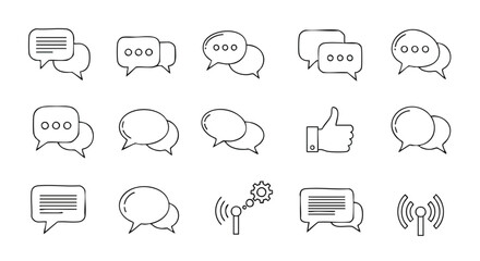 Modern communication icons like speech bubbles, likes, and signals represent digital conversation and connection