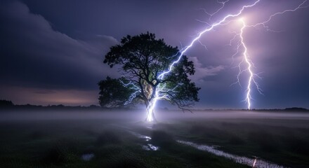 Stormy night, tree struck by lightning
