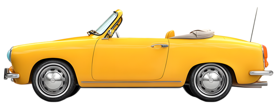 Side view of a yellow convertible car isolated on transparent background
