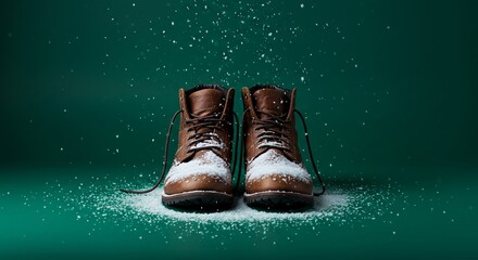 A pair of brown leather winter boots covered in falling snow against a solid dark green background.