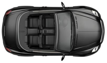 Overhead view of a luxurious black convertible car isolated on transparent background