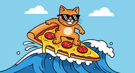 Cartoon Cat Surfing on a Pizza Slice Over Ocean Waves. Perfect for Children's Illustrations, Humorous Designs, or Creative Food-Related Projects