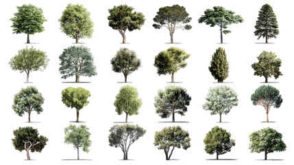 Collection Of Diverse Green Trees Against Black Background