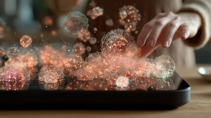 A person interacts with a digital tablet displaying a vibrant, glowing 3D visualization of virus-like particles.
