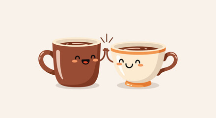 Adorable Coffee Cups Giving a High Five Illustration for Promoting Friendship, Coffee Breaks, and Happy Moments in Social Media and Marketing Campaigns