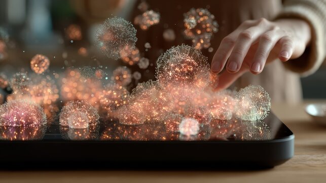 A person interacts with a digital tablet displaying a vibrant, glowing 3D visualization of virus-like particles.