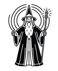 Powerful wizard with staff casting spells and magic black and white illustration