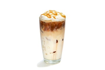 Ice latte coffee serving with vanilla topping put on white background , isolate style.