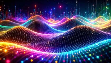 Mesmerizing abstract landscape of undulating digital waves, composed of countless vibrant, glowing particles, illustrating complex data flow and interconnected technology concepts