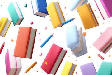 Colorful Cartoon Books And School Supplies On Black Background