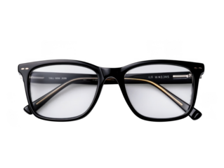 A close up shot of black framed eyeglasses with clear lenses on a dark black background studio shot