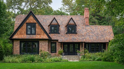 Fototapeta premium A charming, two-story brick house with a red shingled roof and black trim, surrounded by lush greenery and trees.