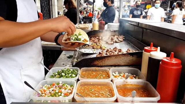 street food vendor preparing tacos on griddle